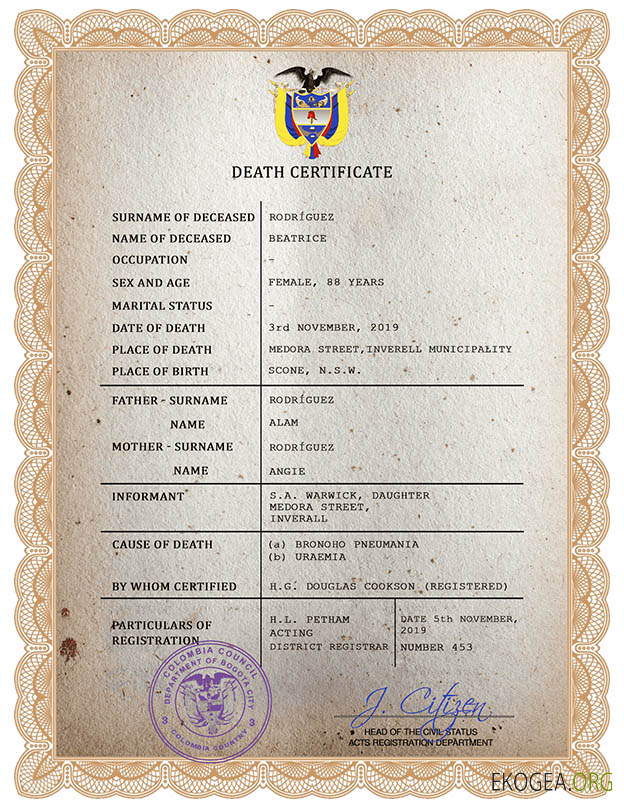 Modèle PSD de certificat de décès de l'état civil de la Colombie